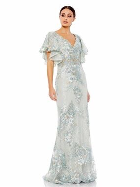 Mac Duggar Size 16 Embroidered Lace Flutter-Sleeve Evening Dress in Seafoam